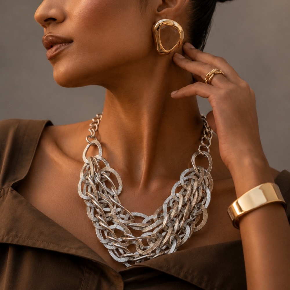 #327 - Aluminum Silver Triple-Stranded Statement Necklace